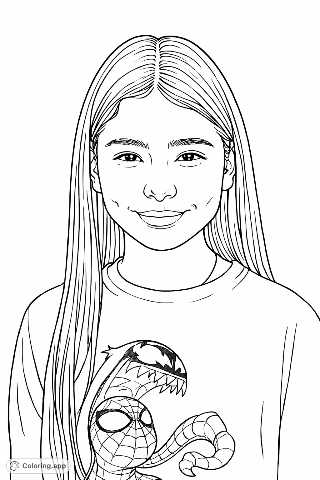 Capture the cheerful spirit of a young individual with long hair, wearing a fun graphic tee featuring a unique character design. A delightful portrait to color.
