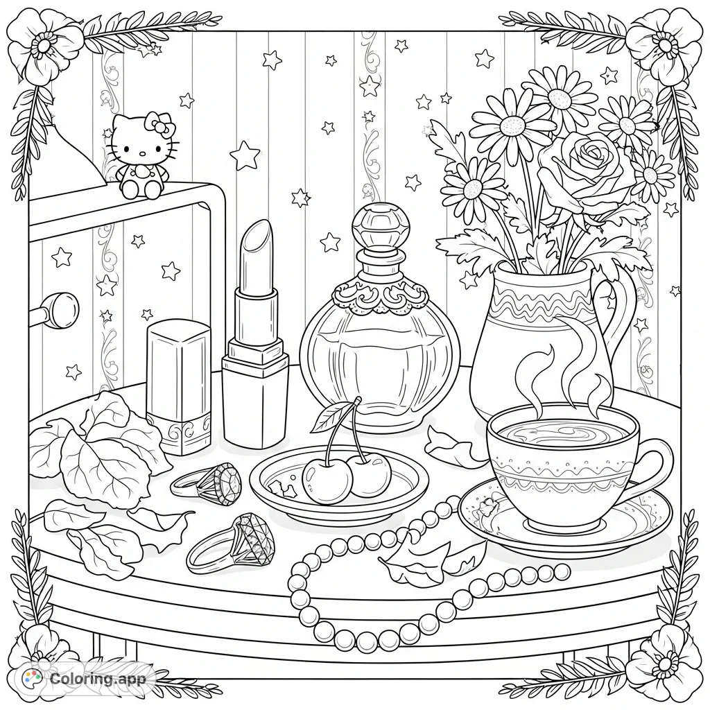 Discover a charming vanity table scene with delicate perfume, lustrous jewelry, fresh flowers, a coffee cup, and a delightful Hello Kitty figurine.