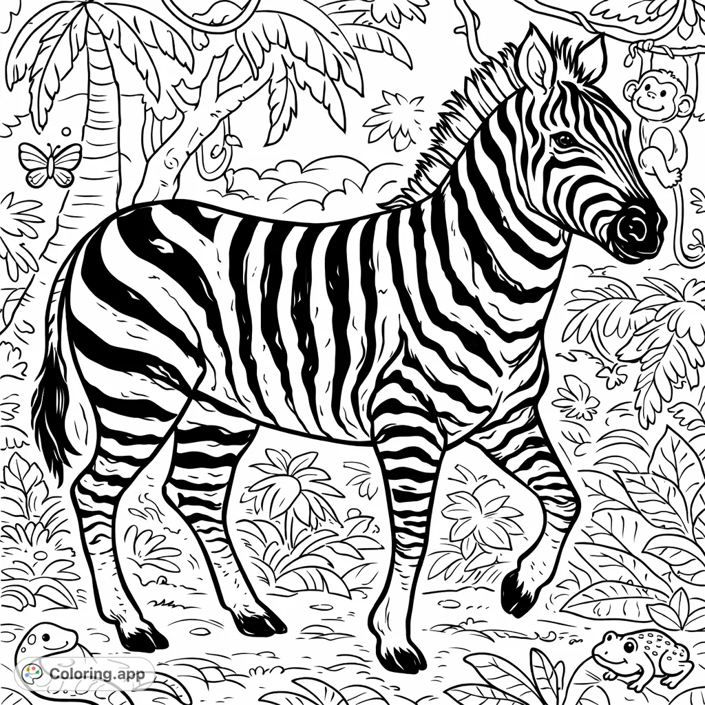 Dive into a lively jungle safari with this free printable zebra coloring page. Featuring a majestic zebra amidst fun animal motifs in a storybook style!