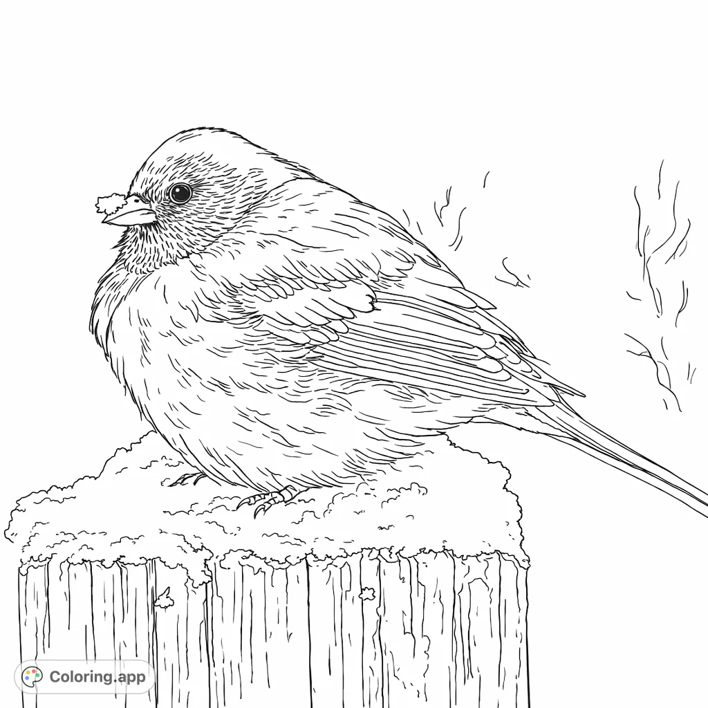 Discover a charming winter bird perched on a snow-covered wooden post. This detailed coloring page invites you to bring a serene wildlife scene to life.