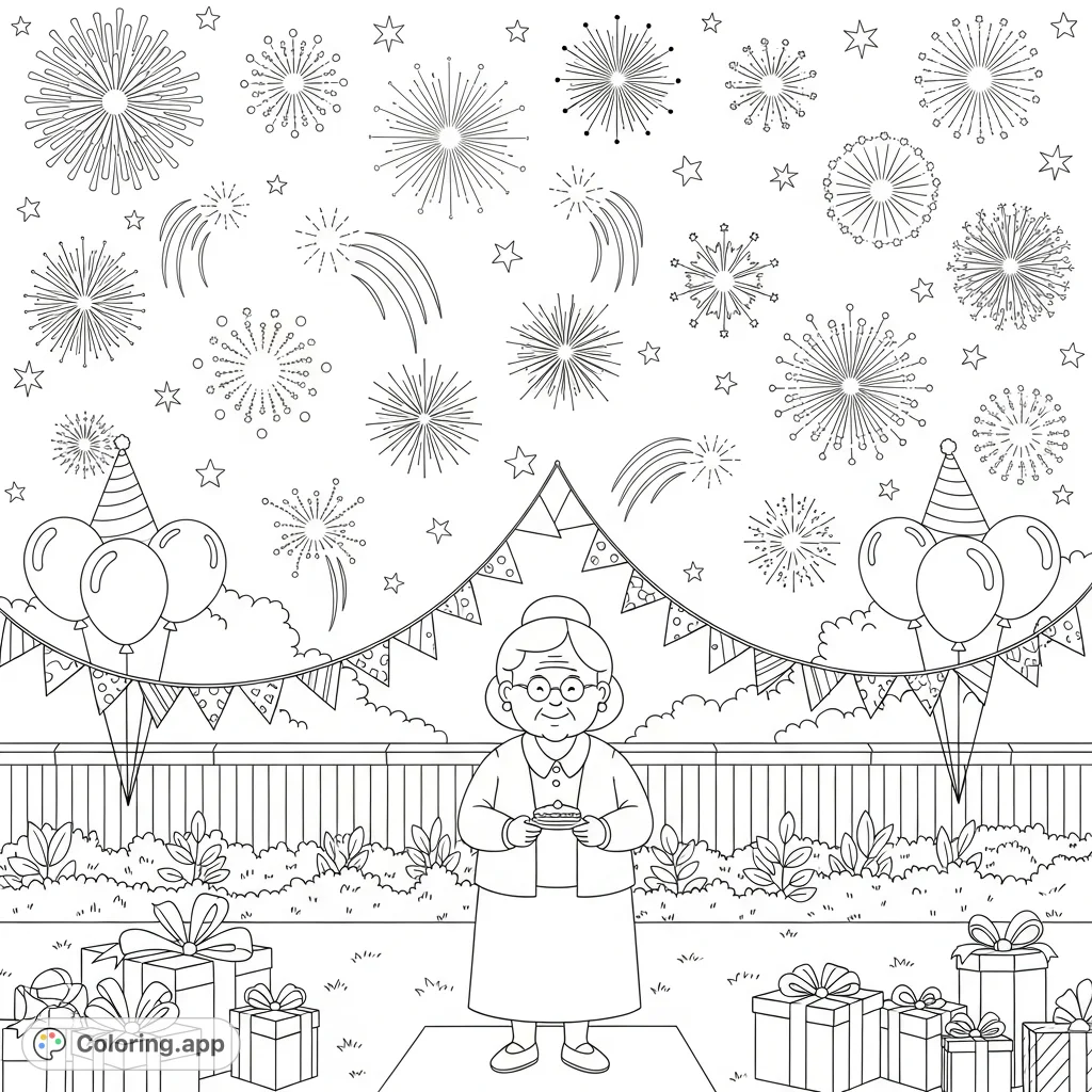 A heartwarming scene featuring a grandmother at a festive party, surrounded by celebration elements and spectacular fireworks lighting the night sky.