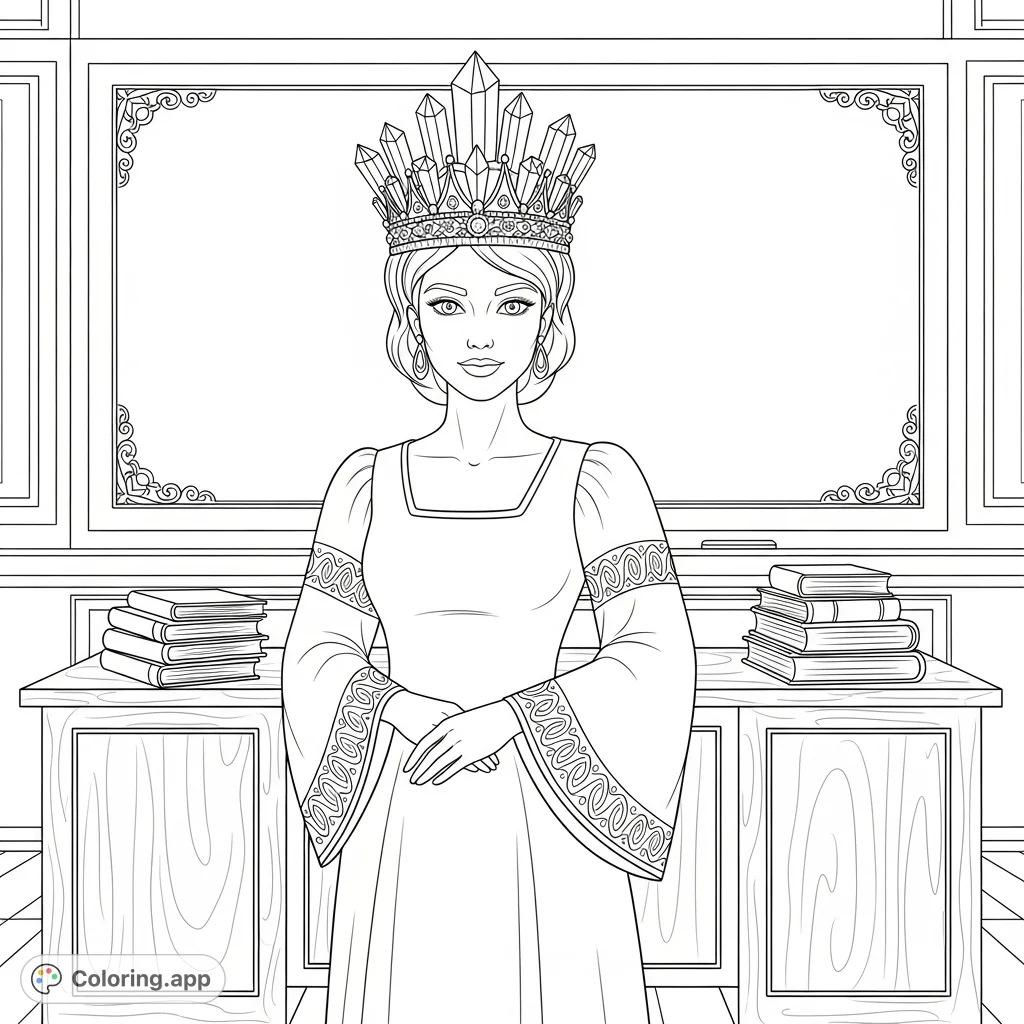 A charming princess teacher adorned with a crystal-studded crown, ready to inspire and educate in a royal classroom setting. A delightful coloring page.