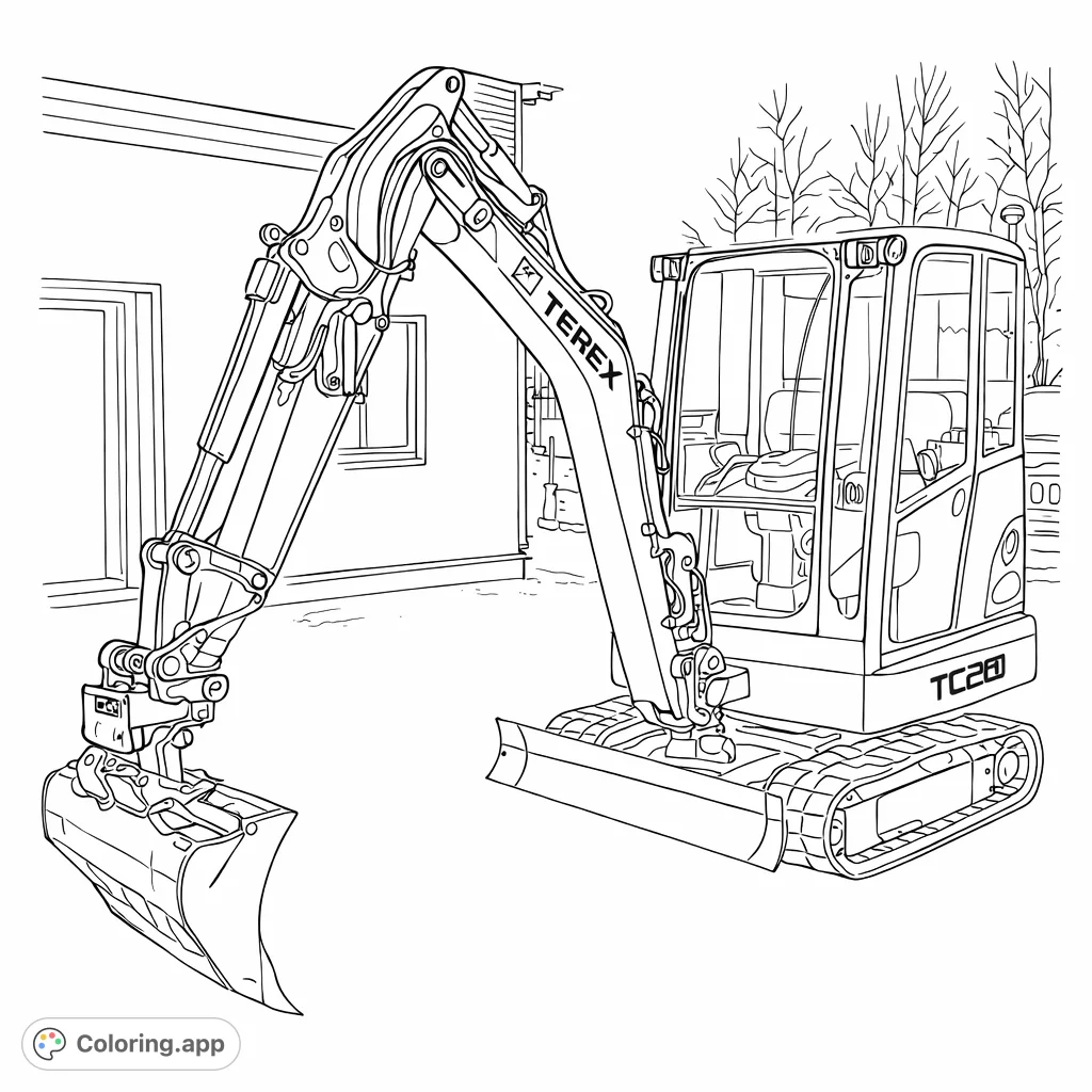 A detailed compact excavator on a paved surface, ready for action. Perfect for vehicle enthusiasts and those who love construction machinery.