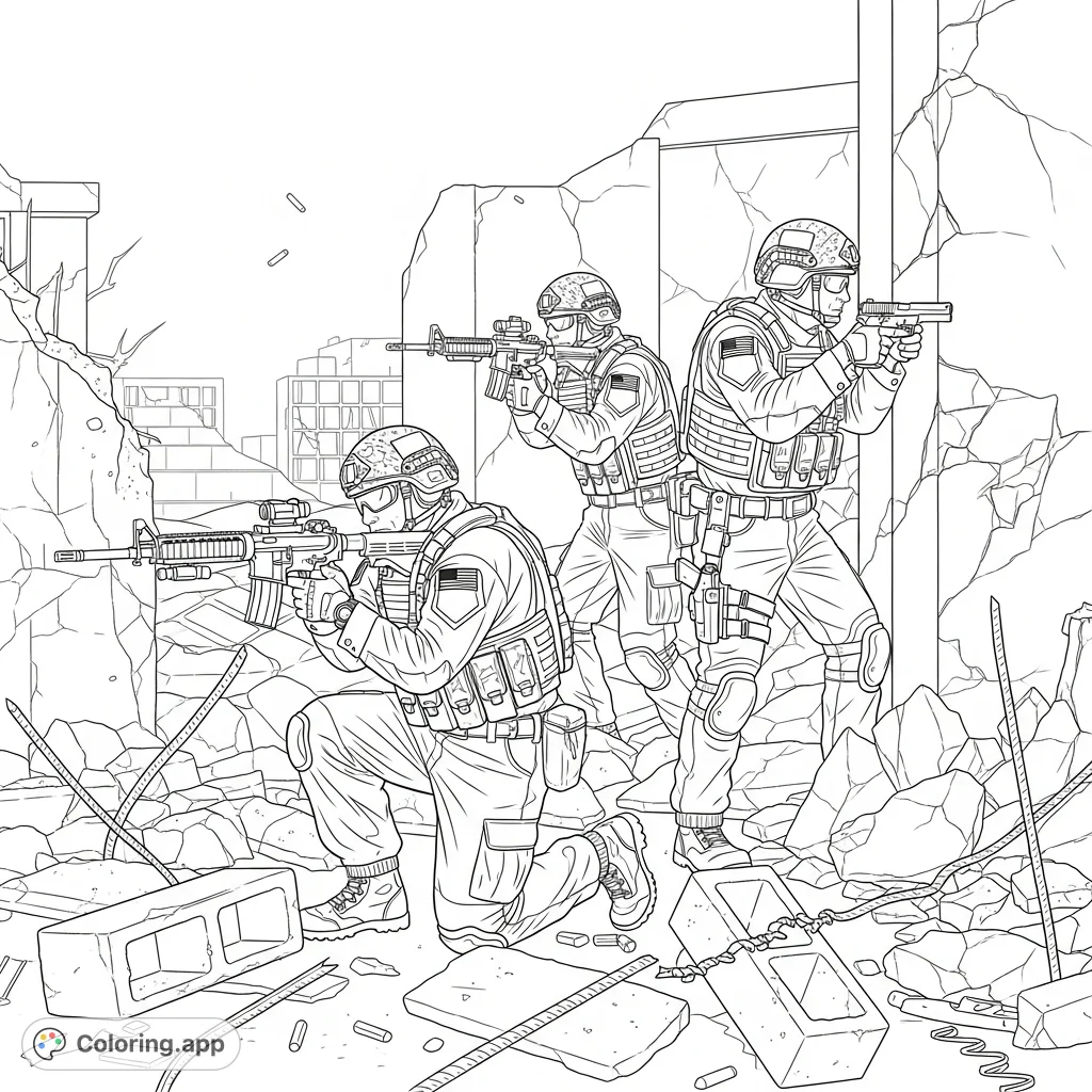 Experience intense special forces combat with this detailed realistic coloring page, featuring operatives amidst urban destruction and intricate tactical gear.