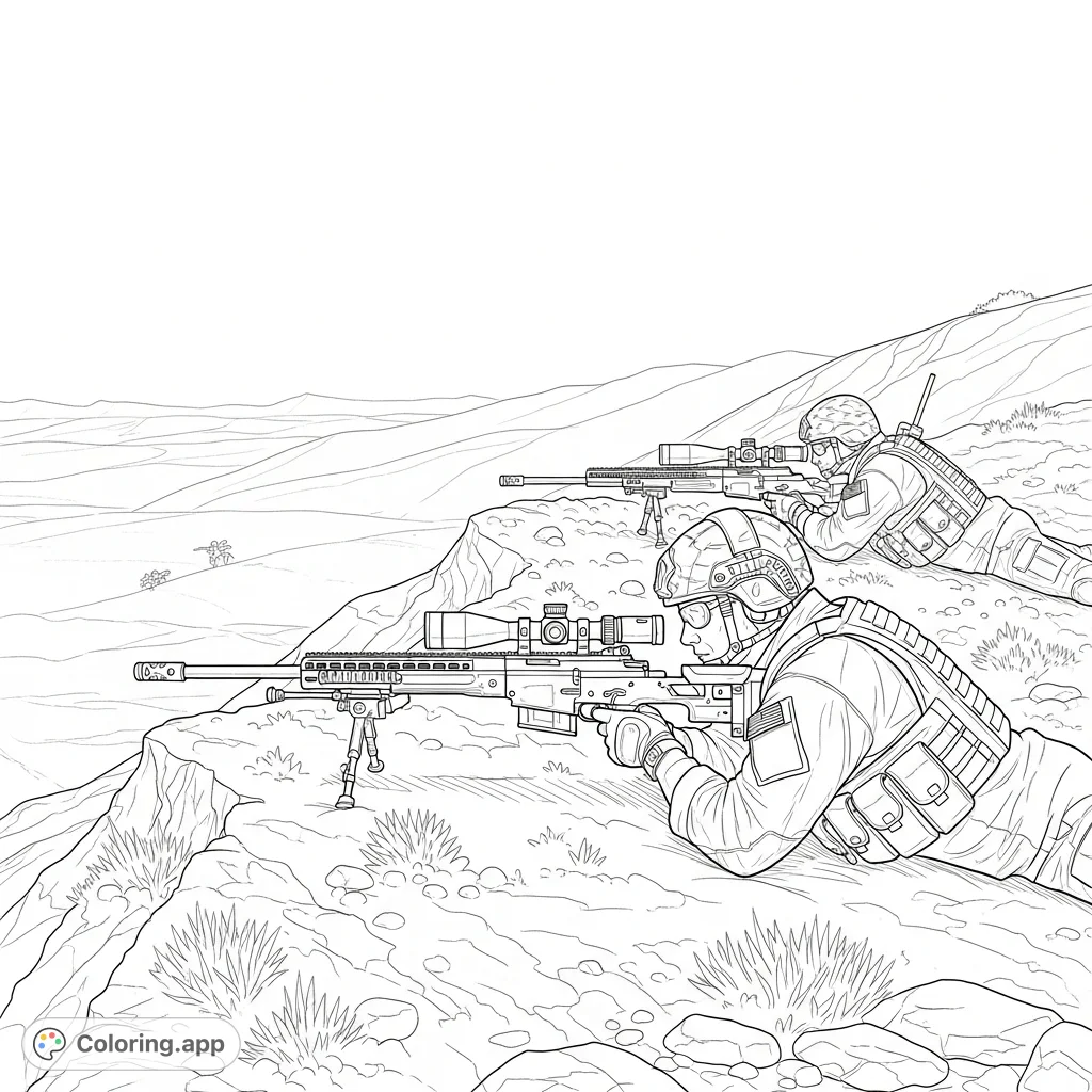 A detailed realistic coloring page featuring a United States special forces sniper and spotter team in action on a rugged hill. Perfect for adult colorists!