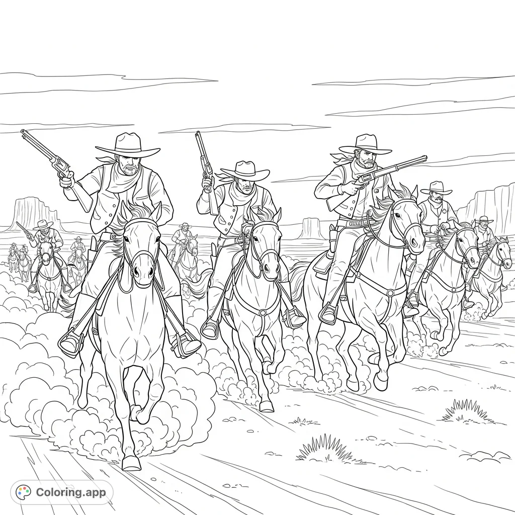A thrilling Wild West coloring page featuring four gunslinger cowboys on galloping horses, evading a pursuing posse of lawmen across a dusty plain.