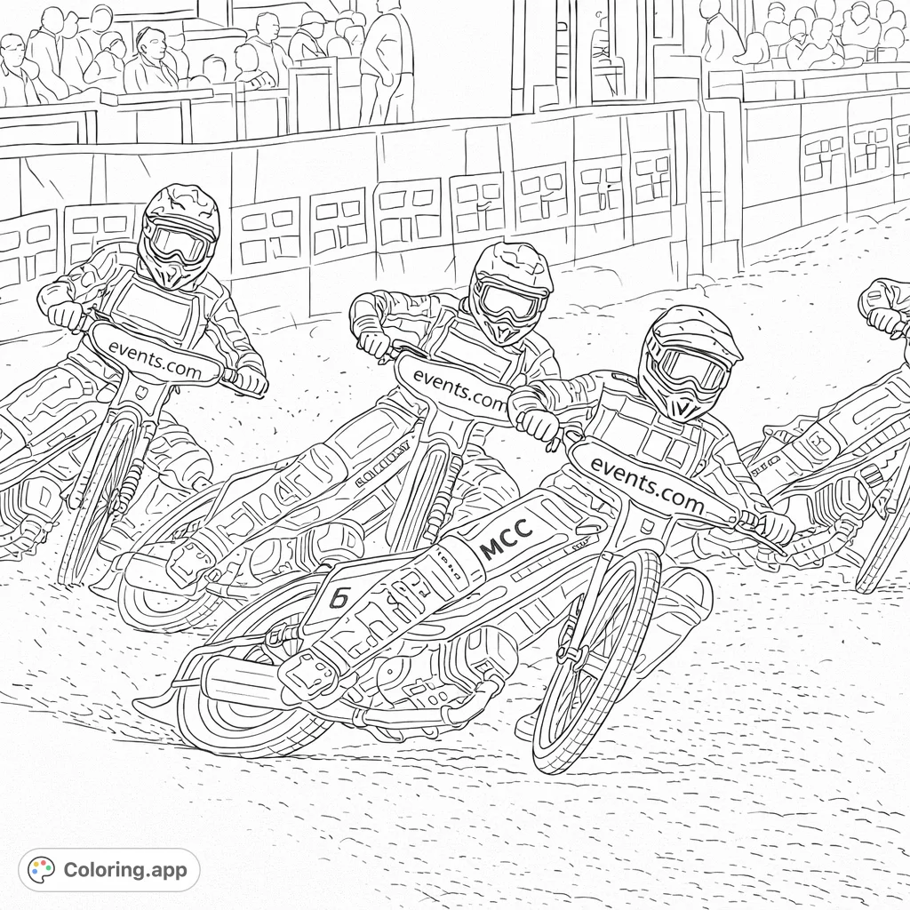 Experience the thrill of a speedway race. This detailed coloring page features multiple riders leaning into a dirt track turn, kicking up dust in intense action.