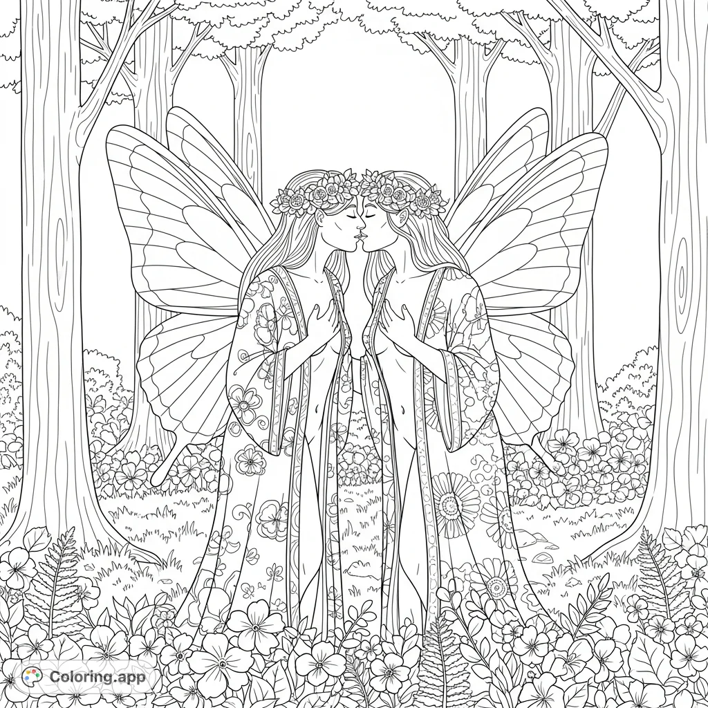 Two winged figures in patterned kimonos share a tender, sensual kiss within a lush forest clearing, adorned with butterfly wings and floral wreaths.