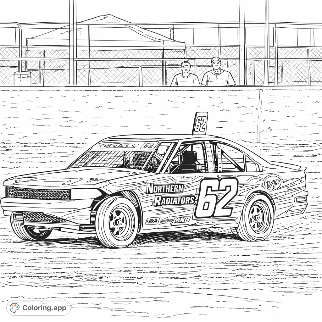 Dynamic dirt track race car speeds across the track. Customize its powerful design, muddy details, and roaring action for an exciting coloring adventure!