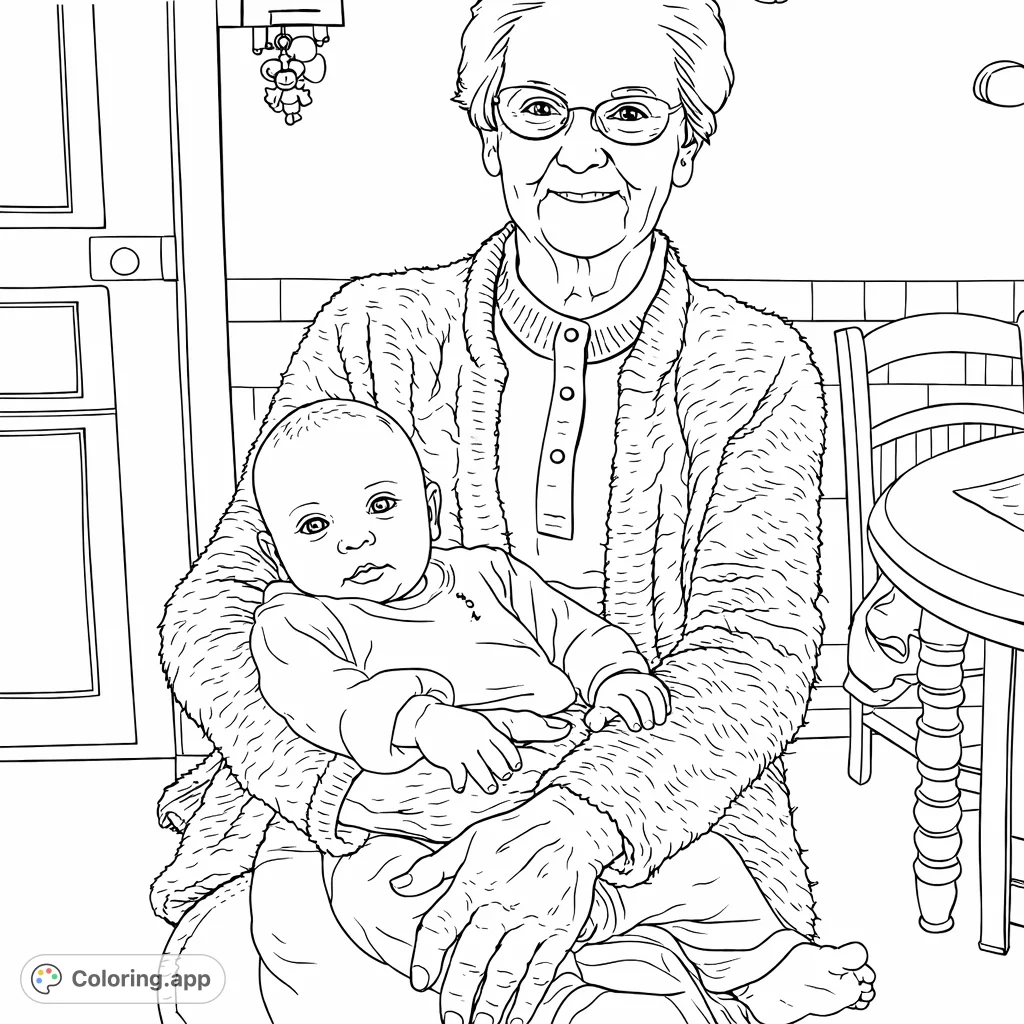 Celebrate family bonds with this heartwarming coloring page featuring a grandmother holding her grandchild. A tender moment of love across generations.