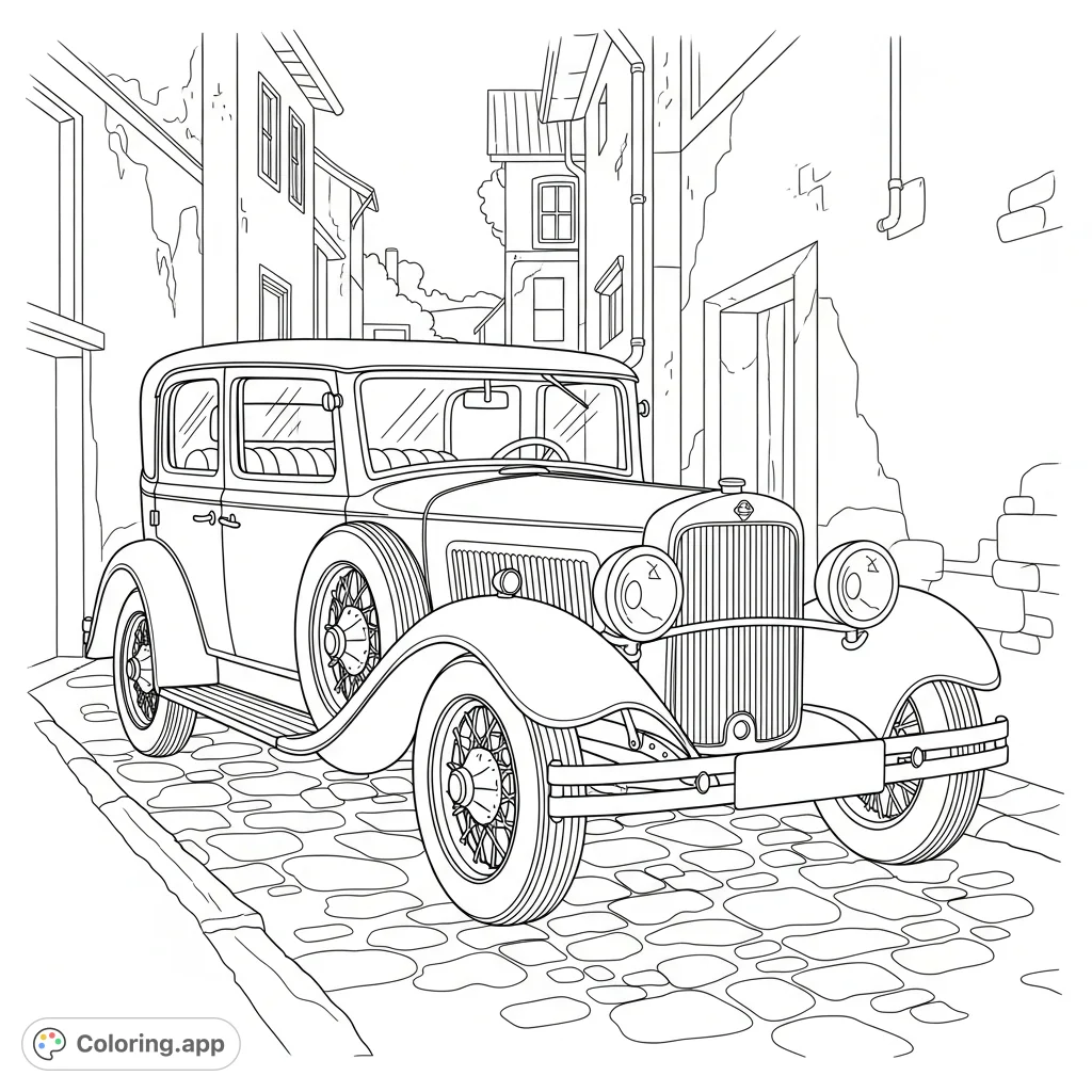 A detailed classic antique car is parked in a quiet old town alley, featuring intricate vehicle design and rustic architectural elements for a charming coloring experience.