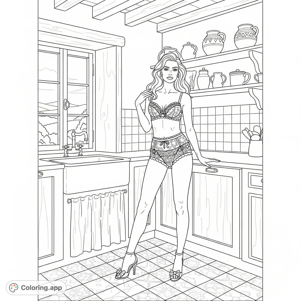 A glamorous model in elegant cottage-inspired lingerie, seductively posed in a rustic south of France kitchen, bathed in soft morning light.