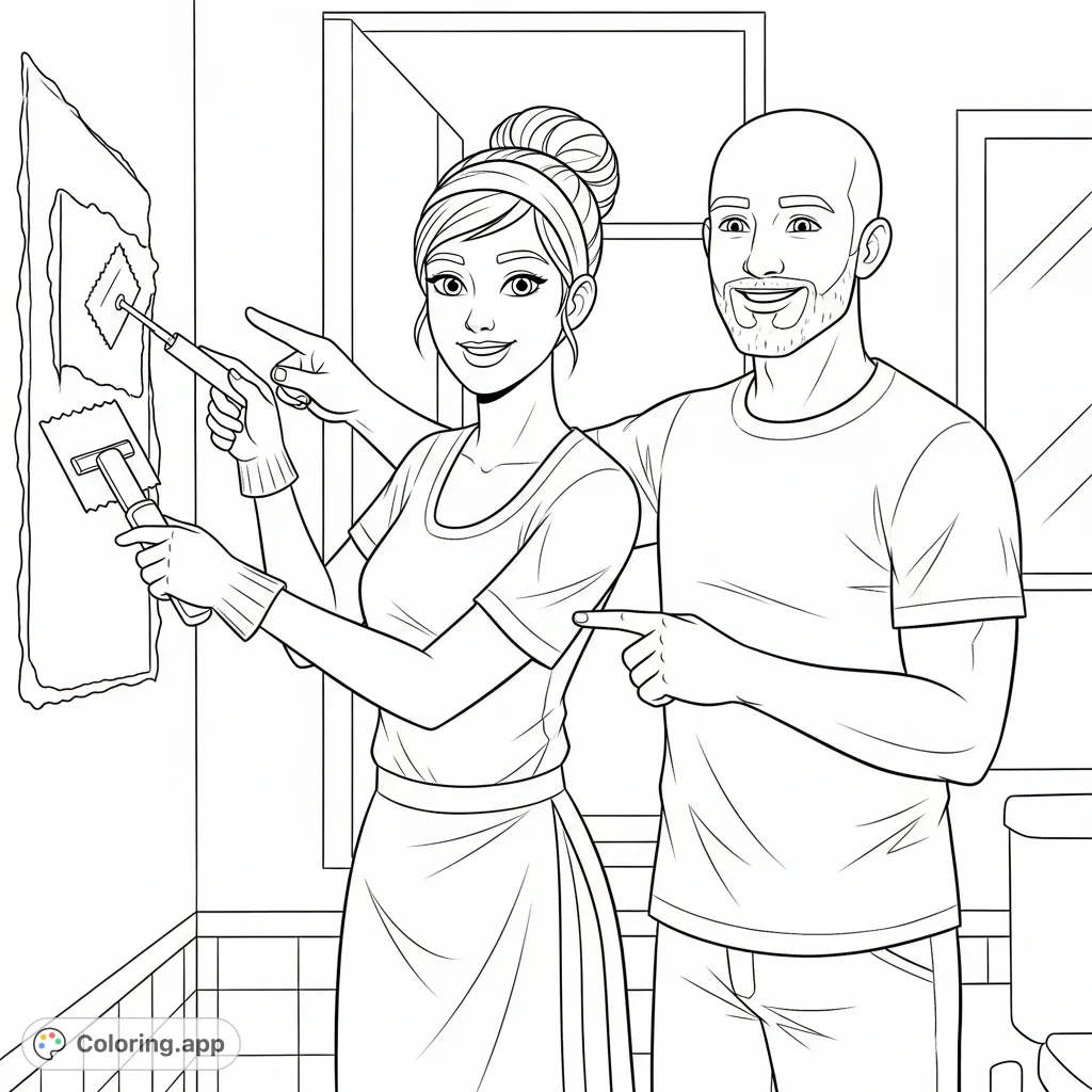A charming home renovation coloring page featuring a couple spackling a bathroom wall together, perfect for DIY enthusiasts and creative relaxation.