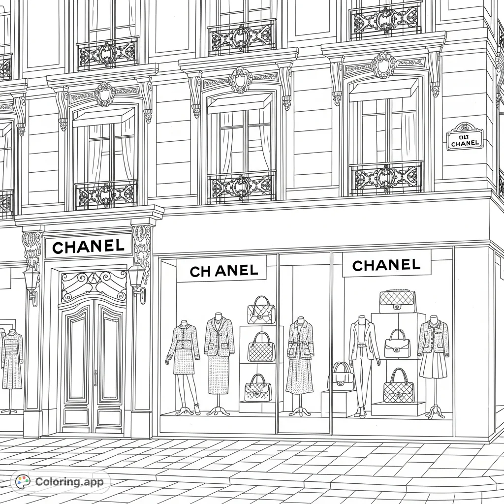 Immerse yourself in the elegance of the original Chanel Paris boutique coloring page. Featuring iconic bags, tweed suits, and sophisticated Parisian architecture.