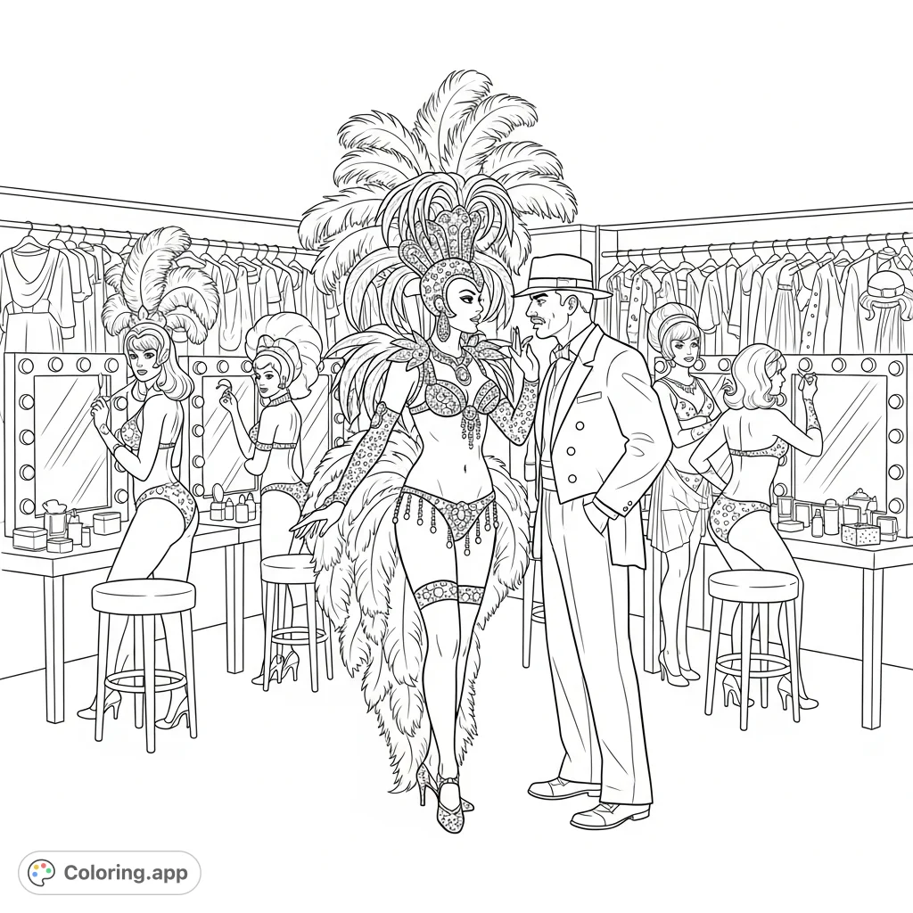 Step into a glamorous 1960s Las Vegas backstage scene. A showgirl confronts her jealous mobster boyfriend amidst feathered costumes and stage props.