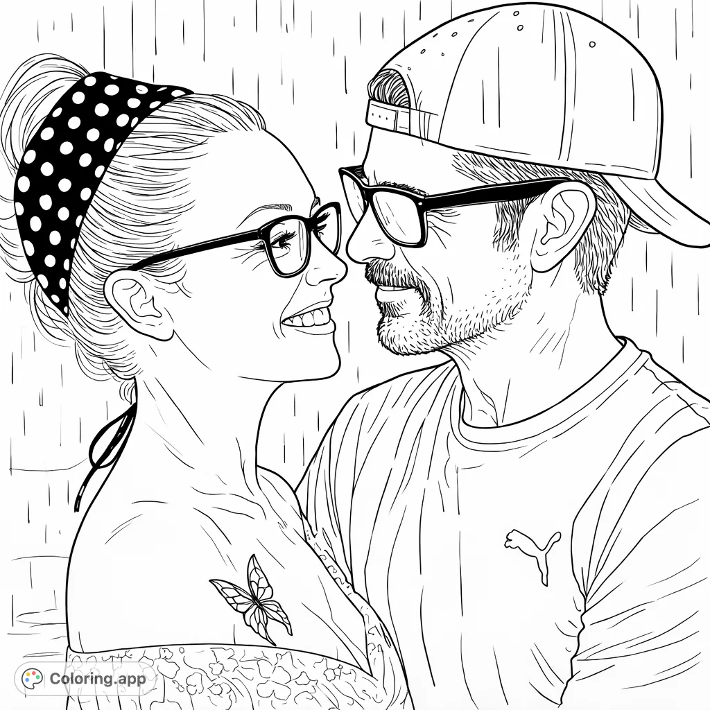 A couple shares a tender moment under falling rain, with detailed facial expressions, eyewear, and subtle textures like a polka-dot headband.