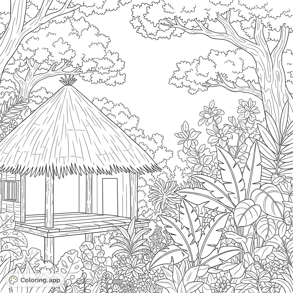 Discover a tranquil tropical hut nestled amidst vibrant, dense foliage and delicate floral elements, topped with majestic tree canopies. A serene escape awaits!