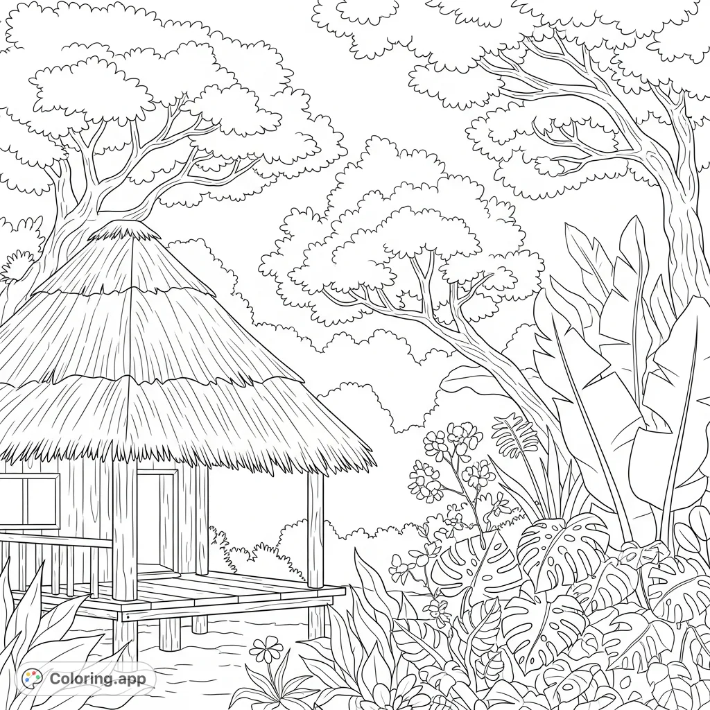 Discover a tranquil tropical hut surrounded by vibrant, varied plant life and dense canopies. A perfect escape for nature lovers and coloring enthusiasts.