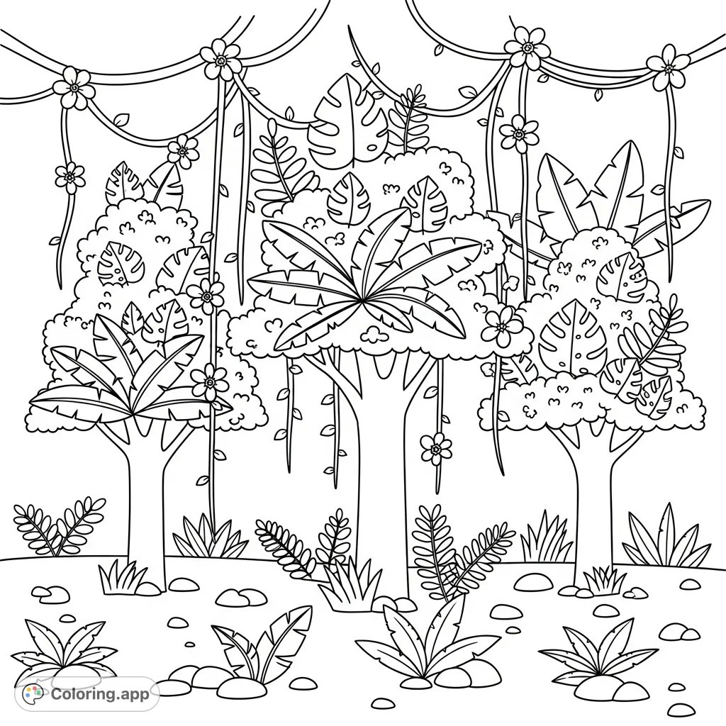 Explore a vibrant tropical jungle with towering trees, lush foliage, intertwining vines, and exotic flowers. A detailed scene for a captivating coloring adventure.