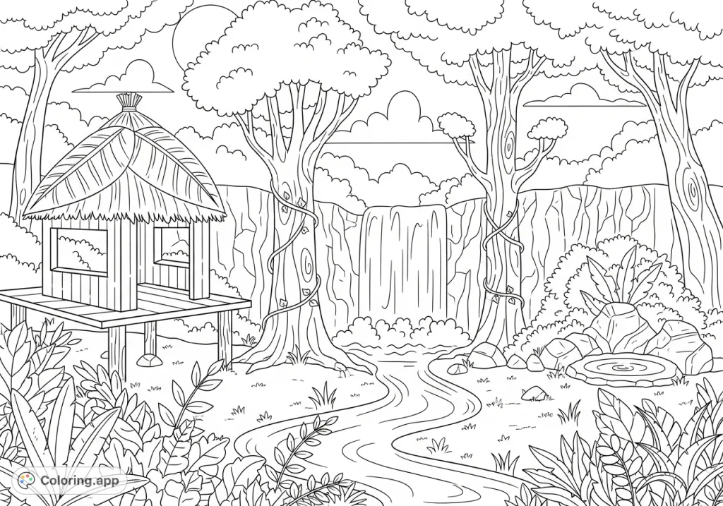 Immerse yourself in a lush tropical oasis featuring a serene waterfall, gnarled trees, and a charming hut. Perfect for detailed coloring.
