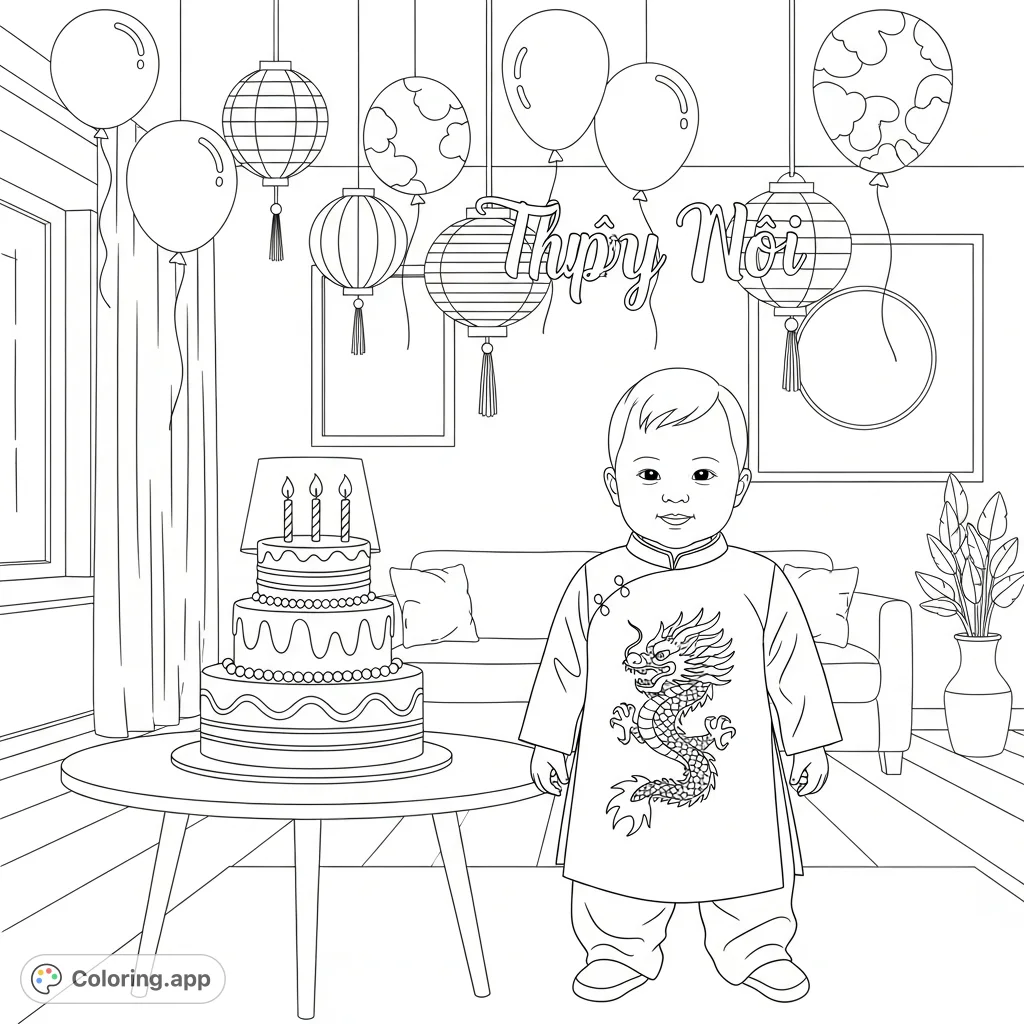 A cheerful baby boy in a traditional áo dài with a dragon motif stands by a multi-tiered cake, surrounded by festive balloons and lanterns in a minimalist home.