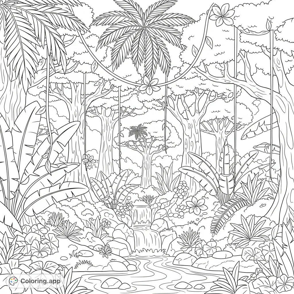Explore a vibrant tropical jungle with towering trees, layered foliage, curling vines, delicate flowers, and a serene waterfall flowing into a winding stream.