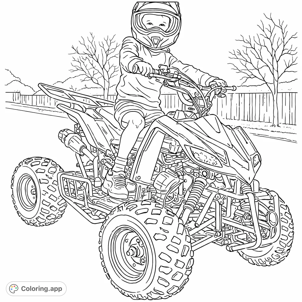 Gear up for excitement with this ATV coloring page! A child in a helmet sits on a rugged quad bike, ready for an outdoor adventure.