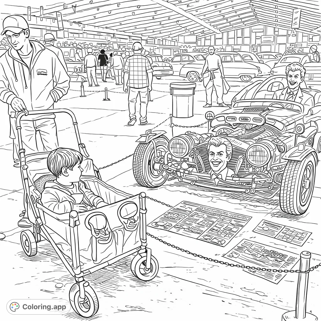 A detailed coloring page featuring a custom Jokermobile with two figures, a child in a wagon, and background elements of a car show.