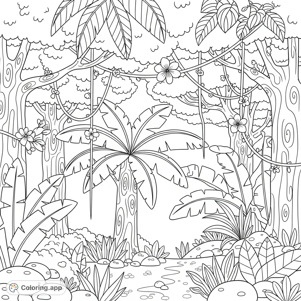 Explore a vibrant, layered tropical jungle scene filled with towering trees, broad leaves, winding vines, and exotic flora. A serene escape for creative coloring.