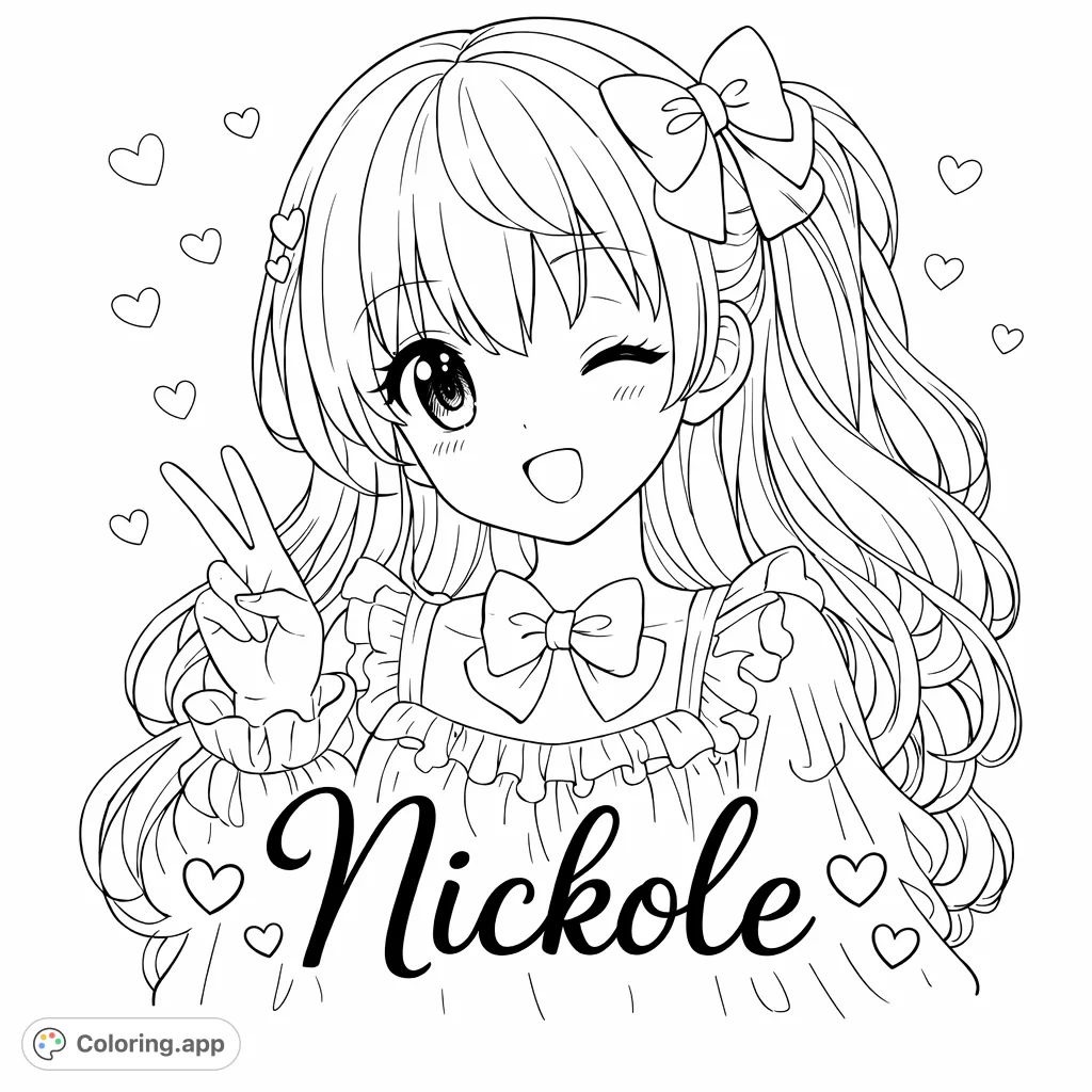 A delightful anime girl winks and flashes a peace sign amidst a charming background of floating hearts, perfect for a whimsical coloring adventure.