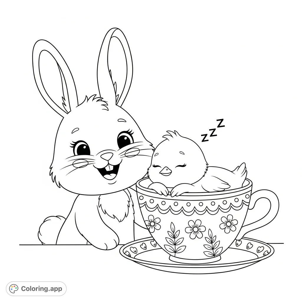 A charming cosy Easter coloring page featuring a smiling bunny beside a decorative teacup with a sleeping chick nestled inside. Perfect for all ages!