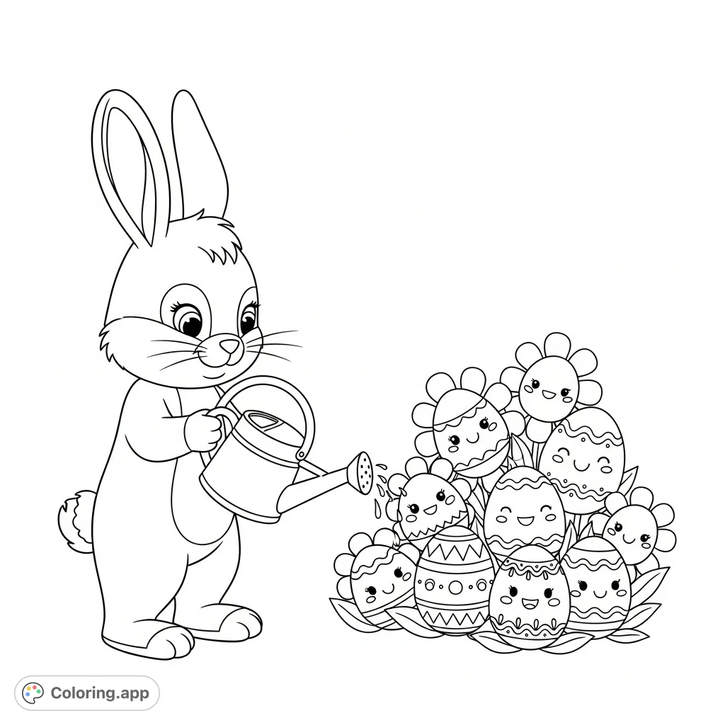 A delightful Easter bunny waters smiling egg-shaped flowers with charming patterns, perfect for a cozy spring coloring experience.