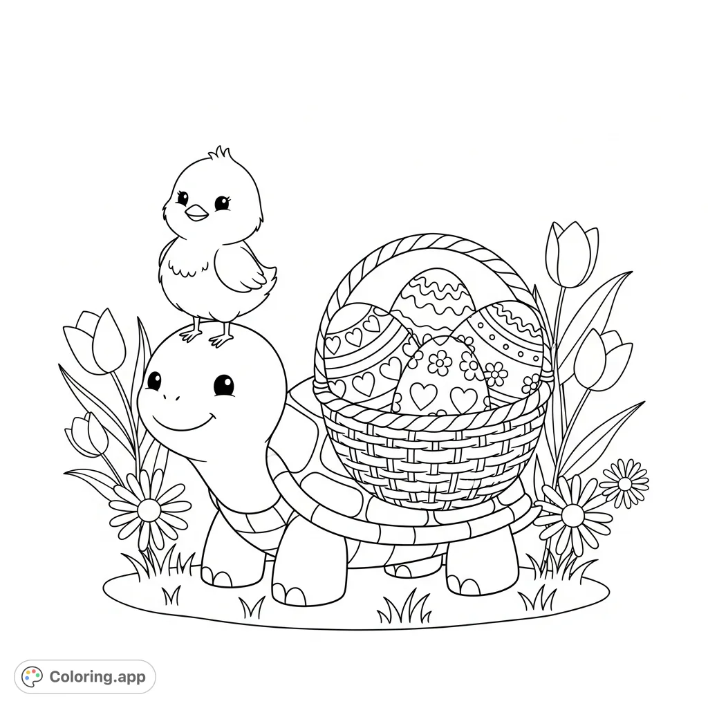 A delightful spring scene featuring a tiny chick riding a smiling turtle carrying a basket of patterned Easter eggs, surrounded by charming tulips and daisies. Perfect for joyful coloring!