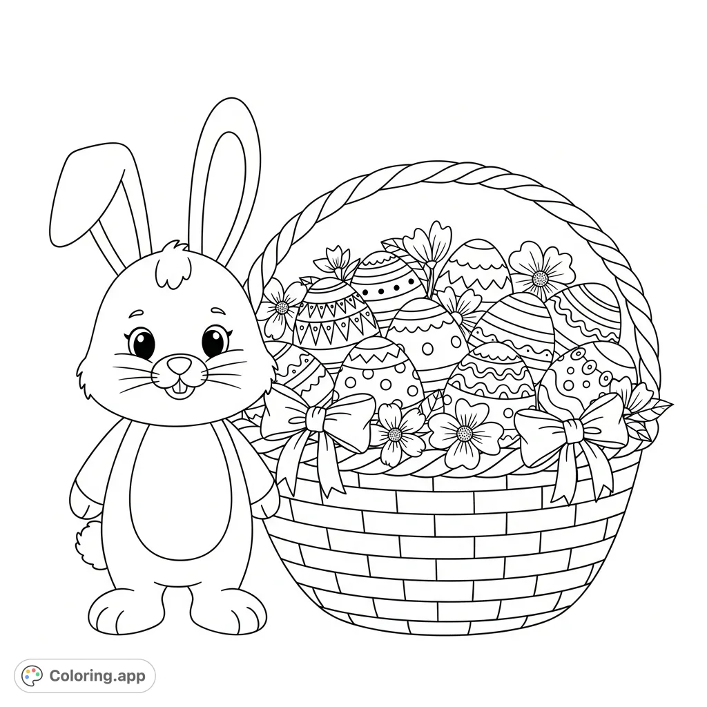 A delightful Easter scene featuring a charming bunny, a large woven basket, and an abundance of intricately patterned eggs, bows, and flowers.
