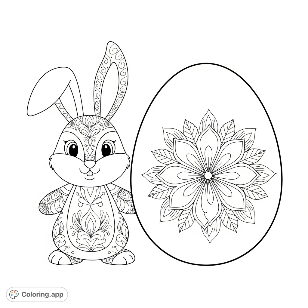 A cute, simplified bunny character stands beside a giant Easter egg featuring a simple floral mandala design, ready for coloring.