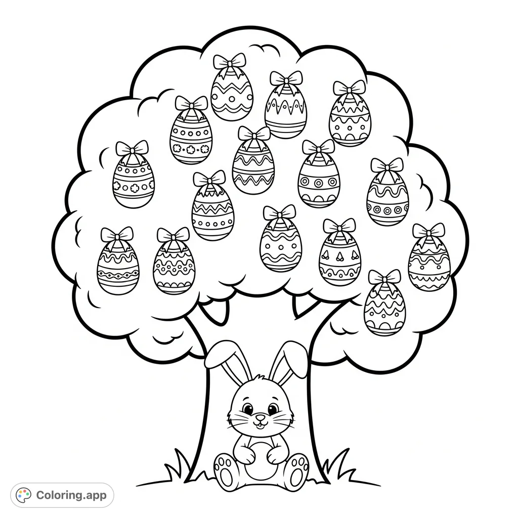 A charming bunny sits under a whimsical tree adorned with patterned Easter eggs tied with bows, offering large spaces for a delightful coloring experience. Perfect for kids and adults.