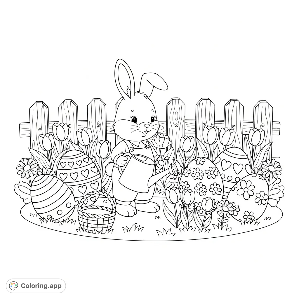 A charming bunny waters flowers and decorated Easter eggs in a delightful spring garden scene. Perfect for spring and Easter themed coloring fun!