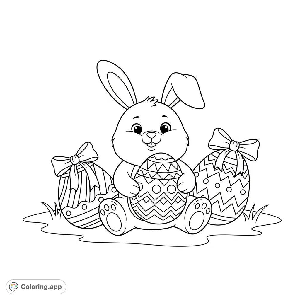 A cosy Easter bunny sits among three patterned eggs adorned with bows. A simple, inviting scene perfect for a relaxing coloring experience.