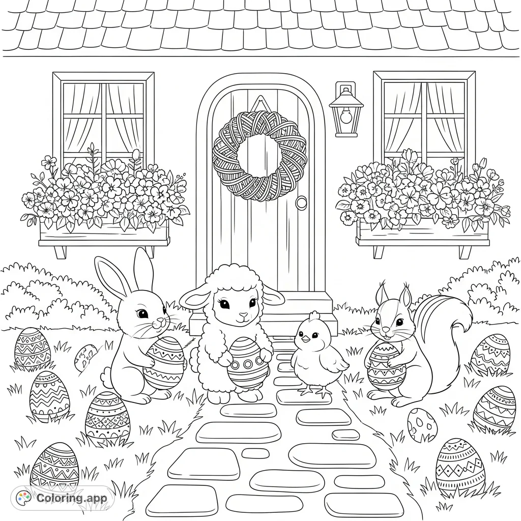 A charming Easter cottage scene featuring a bunny, lamb, chick, and squirrel holding patterned eggs, surrounded by flower boxes and hidden eggs in the grass.