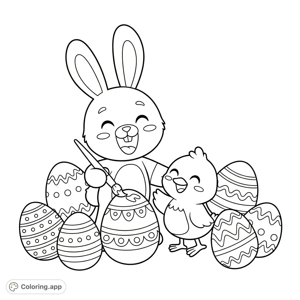 A cheerful bunny and chick giggle while painting large, patterned Easter eggs. A delightful and simple scene perfect for a cosy Easter coloring page for kids and adults.