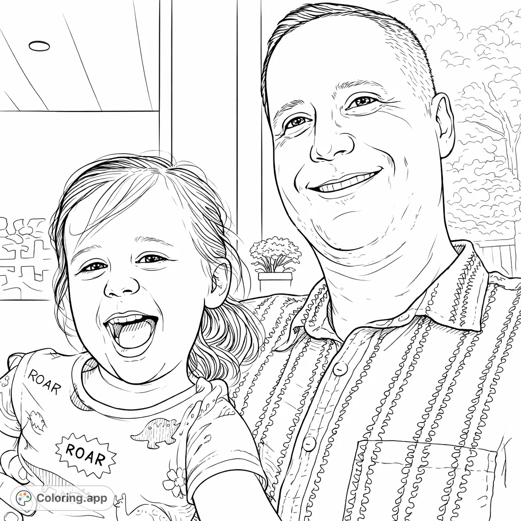 Capture a heartwarming moment of a father and child sharing a joyful expression. A delightful scene for family-themed coloring.