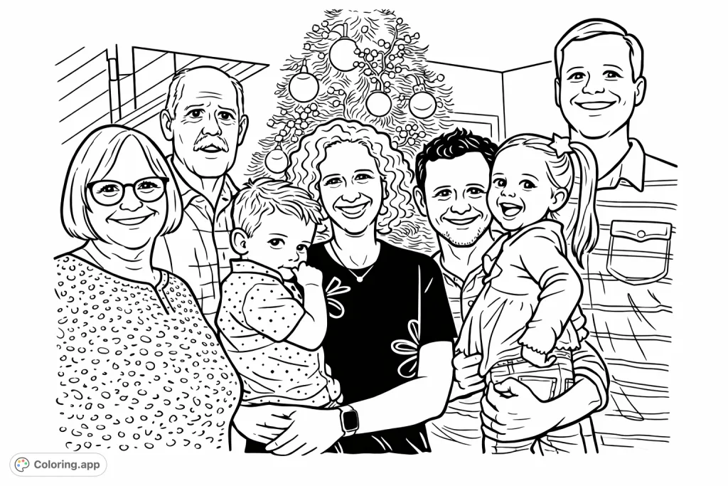 A heartwarming family portrait featuring multiple generations smiling together against a festive evergreen tree, perfect for a cozy holiday coloring session.