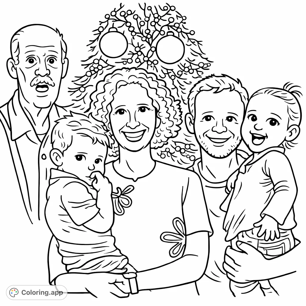Capture a heartwarming family holiday moment with this free printable coloring page, perfect for all ages. Features smiling faces and a festive tree.