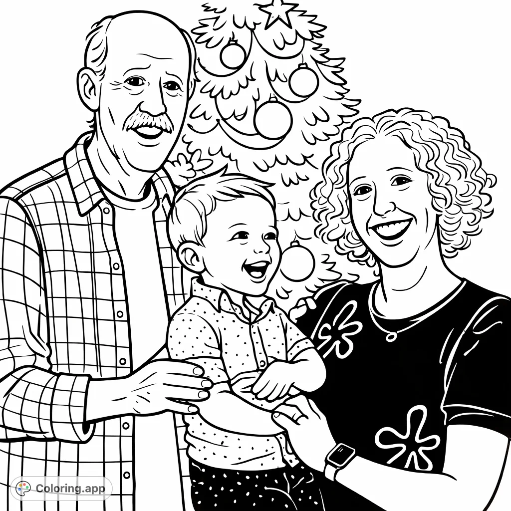 A heartwarming family scene with a grandpa, mom, and a laughing toddler in front of a festive tree. Perfect for a joyful holiday coloring page!