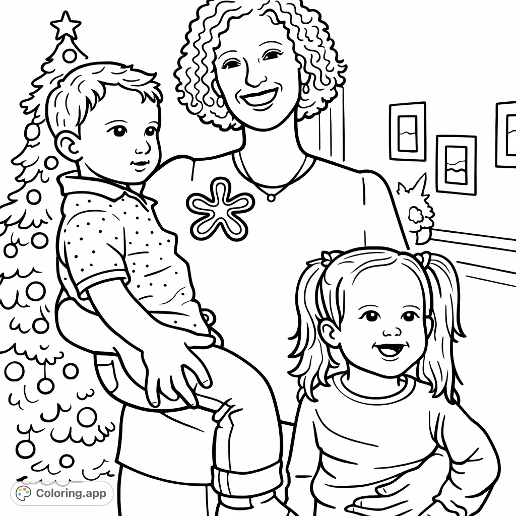 A heartwarming family scene featuring a smiling woman embracing two joyful young children, perfect for a fun and creative coloring experience.