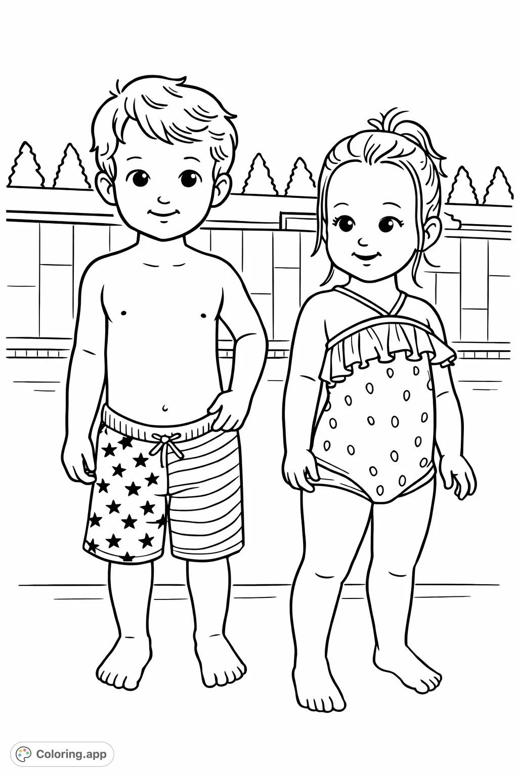 Two cheerful children ready for a swim, a boy in patterned swim trunks and a girl in a frilly swimsuit, posing by a pool. Perfect for summer fun.