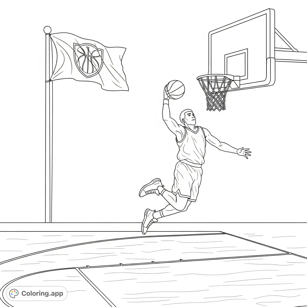 Dynamic slam dunk basketball action with a player mid-air over the hoop on a court, featuring a unique basketball-themed flag. Perfect for sports fans!