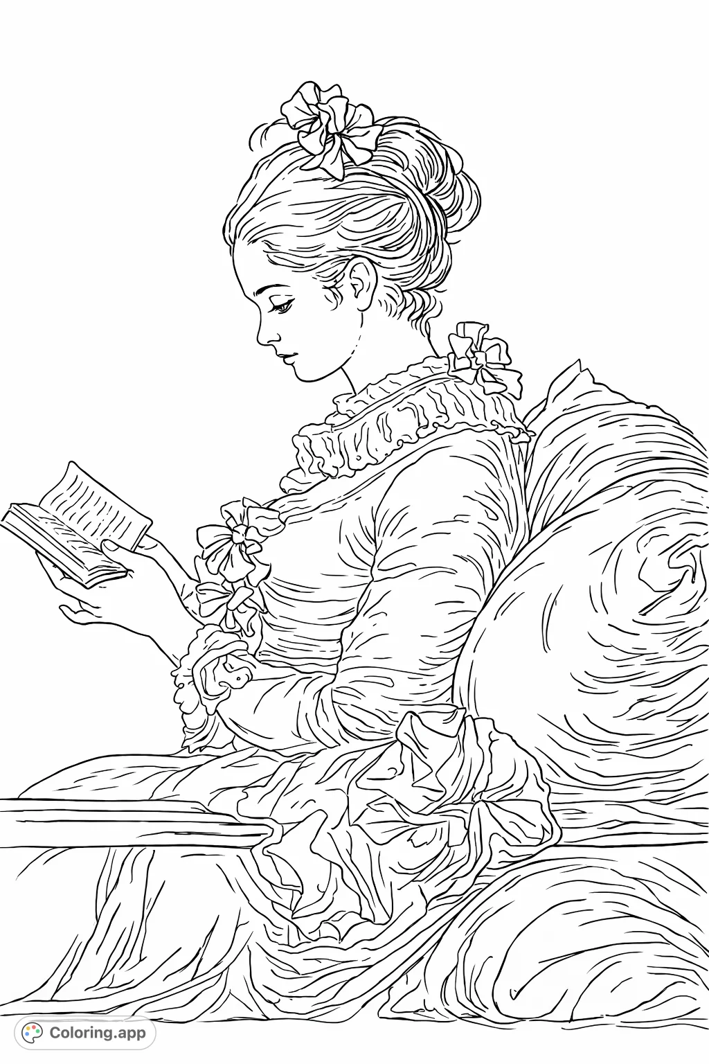 A finely detailed portrait of a young woman absorbed in a book, featuring intricate ruffles, flowing fabric, and a serene profile. Perfect for art enthusiasts.