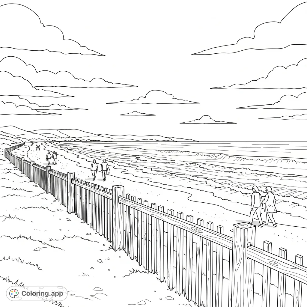 Explore a serene seascape coloring page featuring distant rolling hills, a rustic wooden fence stretching into the ocean, and figures walking on a wide beach.