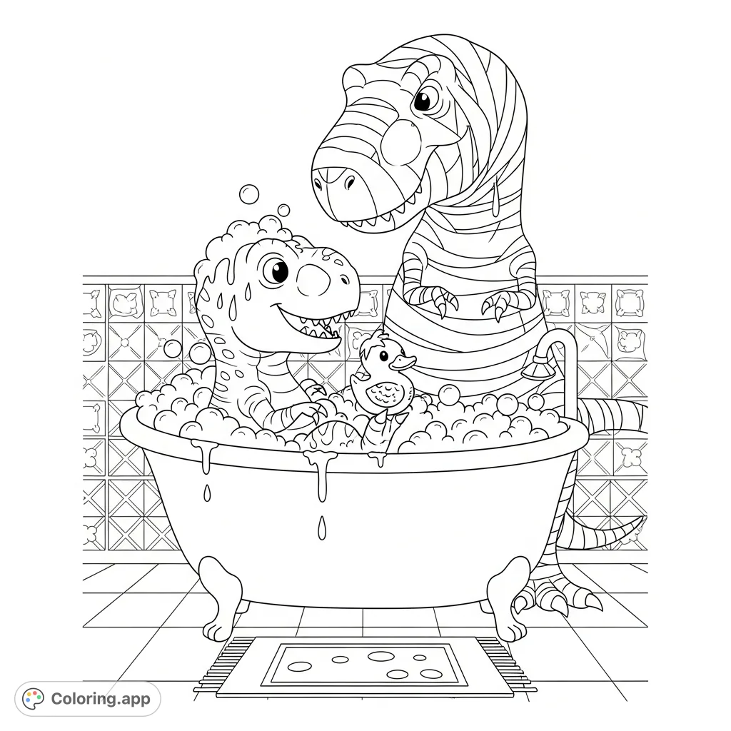Join a happy baby T-Rex enjoying a bubbly bath with a rubber duck, while its caring mummy T-Rex watches over. A delightful prehistoric bath scene.